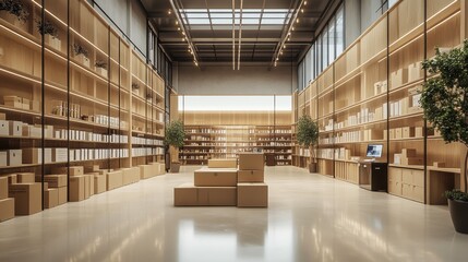 Poster - A modern, spacious interior with wooden shelves, boxes, and plants, creating a serene and organized atmosphere.