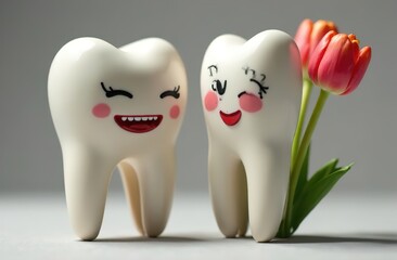 Wall Mural - Figurines of a smiling tooth with tulips. International Women's Day at the dental clinic. March 8th. A festive medical concept.