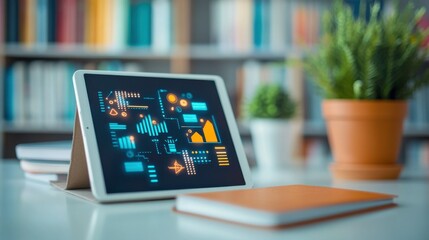 Poster - a tablet displaying data visualizations sits on a desk next to a notebook and a potted plant, set ag
