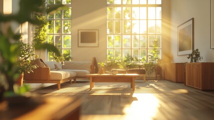 Poster - A bright, modern living room filled with natural light, plants, and wooden furniture, creating a warm and inviting atmosphere.