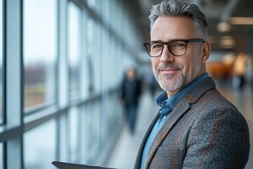 Poster - An elegant, middle-aged financial executive manager smiles confidently while using a digital tablet. The happy, mature businessman looks away towards the copy space, holding the tab computer