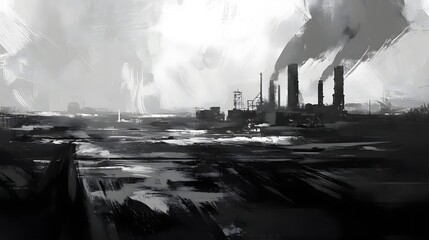 Aufkleber - A gritty dystopian cityscape with towering smokestacks belching thick plumes of smoke into a hazy polluted sky  The urban landscape is a bleak industrialized environment