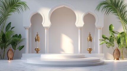 Poster - A stunning white podium adorned with intricate gold elements stands gracefully among lush greenery. The natural light creates a peaceful atmosphere, perfect for gatherings or ceremonies