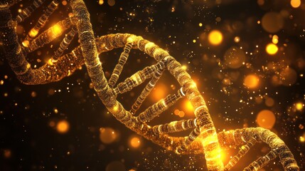 Wall Mural - Glowing golden DNA helix strand in dark background with bokeh.