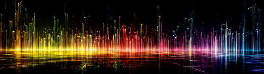 Aufkleber - A stunning and imaginative digital showcasing a futuristic cityscape bathed in vivid neon like lights and intricate overlapping geometric patterns creating a captivating otherworldly atmosphere