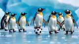 A group of playful penguins standing on an icy surface, with one penguin balancing a soccer ball. The background features stunning icy formations