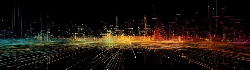 Fototapete - Abstract futuristic digital cityscape with vibrant colorful lights glowing gradients and dynamic motion patterns