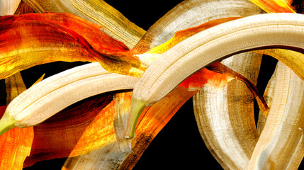 Poster - Artistic bananas entwined abstract background digital artwork vibrant colors close-up imaginative concept
