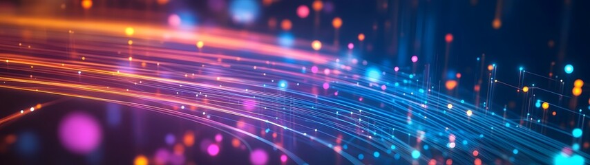 Fototapete - Abstract technology background with vibrant glowing fiber optic cables creating a futuristic luminous display of digital connectivity and high speed data communication