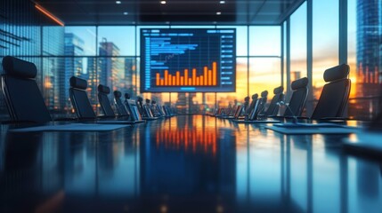 Poster - a modern conference room featuring sleek chairs, a large screen displaying financial graphs, and a s