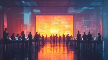 Poster - A futuristic meeting room with silhouettes of people facing a large, bright screen displaying digital data and patterns.