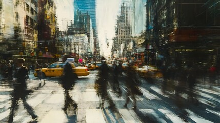 Poster - Blurred image of a busy city street with a crowd of commuters and vehicles in motion capturing the fast paced energy and dynamics of a vibrant metropolitan center