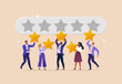 © nadzeya26 - Employee Satisfaction Concept. Vector cartoon illustration in flat style of five diverse business people holding big golden stars against the background of the rating plate. Isolated on background.