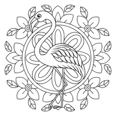 Naklejka na meble Flamingo Mandala Coloring Page: Detailed Bird & Floral Design for Relaxation, Printable Art Therapy for Adults & Kids, Zentangle Style Illustration