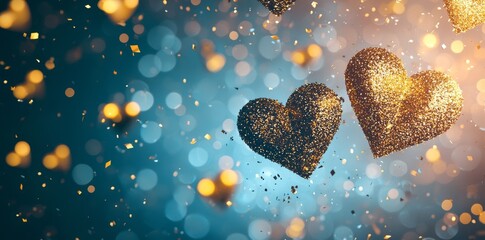 Poster - Hearts formed from gold bokeh lights are displayed on a festive banner with a pastel green background