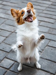 Poster - Happy dog standing on hind legs outdoors showcasing playful personality in urban environment. Generative AI