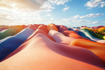 Poster -  large pile of colorful fabrics in the shape of sand dunes, close-up,