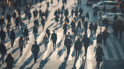 Poster - Blurred image of an anonymous crowd of people walking rushing and commuting on a busy urban city street during rush hour  The motion and momentum of the commuters creates a sense of a fast paced