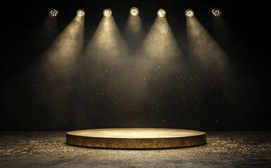 Poster - the scene of a premium awards ceremony features cinematic stage spotlights, golden particles in the 