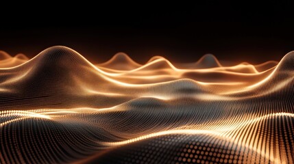 Wall Mural - Abstract golden glowing waves and particles, dark background.