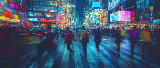 Poster - Blurred Lights and Crowds of Commuters in a Vibrant Fast Paced City Nightscape  Bustling metropolis with towering skyscrapers neon lights and a sea of people moving through the dynamic
