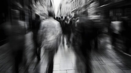 Aufkleber - Blurred motion blurred image of an anonymous crowd of people hurriedly walking along a busy city street with buildings in the background capturing the fast paced