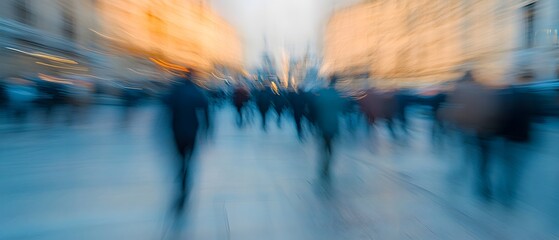 Poster - Blurred motion captured of a crowded urban street scene during rush hour with people and traffic moving swiftly through the frame