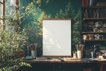 Poster - A mockup poster is displayed on a table surrounded by vintage books, with ample workspace and copy space