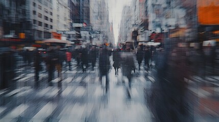 Poster - Blurred motion image of a busy fast paced urban city street filled with a crowd of commuting pedestrians and traffic in a downtown business and financial district  The scene captures the hectic