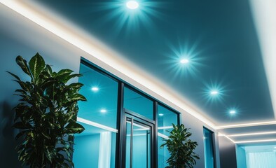 Poster - Illuminated with a repeating pattern of lights, a polycarbonated sheet embodies an abstract concept and a distinctive background texture, suitable for an interior material lighting concept
