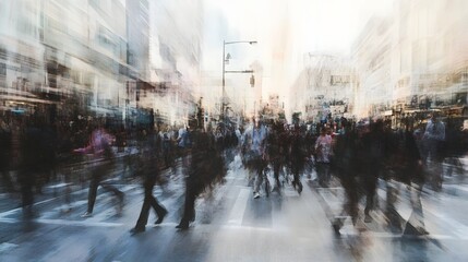 Poster - Blurred motion image of a crowded city street with a large group of people commuting and walking during a busy rush hour in an urban metropolitan environment  The scene shows the fast paced