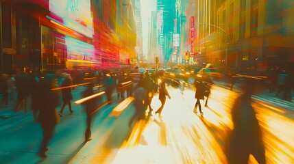 Poster - Blurred motion image of a crowd of pedestrians navigating a busy fast paced city street with vibrant lights modern architecture and a sense of energy and dynamism