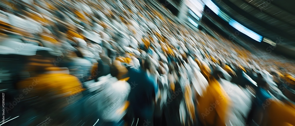Blurred motion image of a large energetic crowd gathered at an event or festival with a chaotic vibrant and frenetic atmosphere  The image conveys a sense of movement excitement