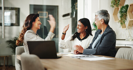 Poster - Happy women, business or team with high five for winning, promotion or good news together at office. Female people, employees or colleagues with smile for motivation, celebration or corporate success