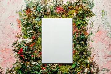 Poster - flat lay, top view of empty white horizontal poster mockup with soft shadow, situated on a pastel pi