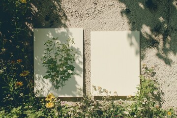 Poster - on a pastel pink concrete wall, two empty white vertical rectangle poster mockups are displayed in a