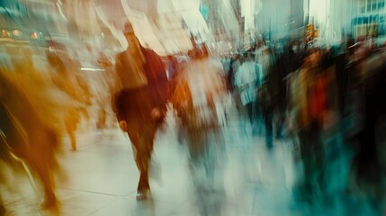 Poster - Blurred motion of a bustling city street filled with commuters and pedestrians navigating the fast paced dynamic urban landscape of a modern downtown metropolitan area  The image captures the energy