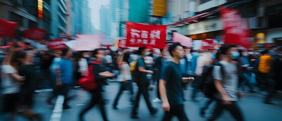 Poster - Blurred motion of a busy city street with a crowd of commuters rushing through the financial district during the morning rush hour