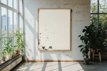 Fototapete - In a 3D illustration, a blank vertical poster frame mockup is placed on a white floor adjacent to a white wall, and includes a clipping path around the poster