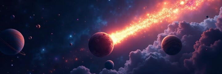 Wall Mural - Majestic comet flying past planets in deep space with cosmic dust and star clusters, majestic, star clusters