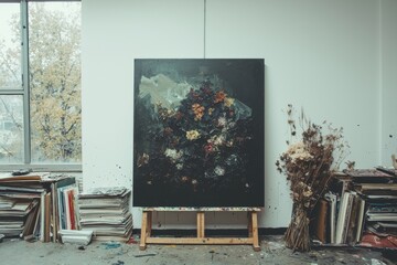 Fototapete - A vertical blank canvas board is situated in a stylish cozy interior, where it is complemented by a spring home decor mockup poster frame placed on a table