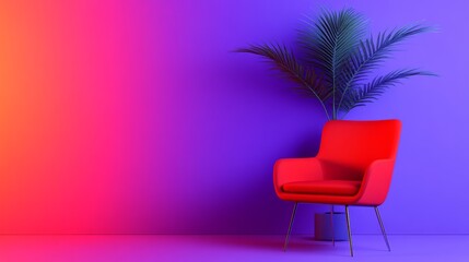 Poster - Vibrant Red Chair Against Gradient Purple and Pink Background with Plant