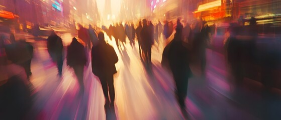 Leinwandbilder - Blurred motion of a crowd in a vibrant illuminated cityscape captures the dynamic energy and futuristic atmosphere of an urban nightlife scene  The surreal