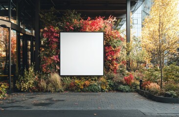 Poster - a pedestrian sidewalk features a blank white outdoor advertising stand, structured as a sandwich boa