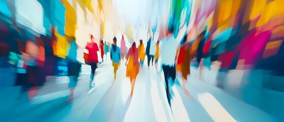 Poster - Blurred motion of a crowd of people walking along a busy city street with vibrant colors dynamic energy and a sense of urban momentum and progress  The image captures the fast paced chaotic
