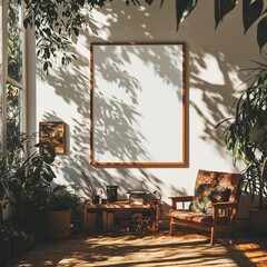 Fototapete - In a 3D rendered image, a close-up view showcases a mockup poster frame against a wall painted a soothing pastel blue hue