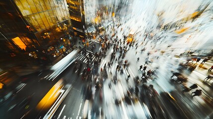 Poster - Blurred motion of a crowded and fast paced urban city street filled with a swarm of commuters vehicles and bustling activity