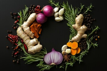 Wall Mural - Culinary herbs and spices arrangement with ginger and onion on black background