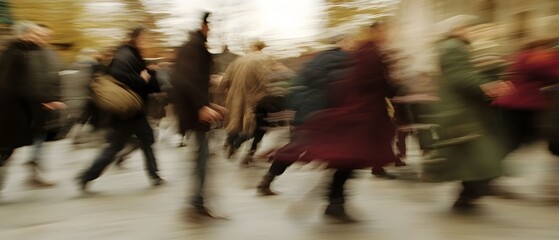 Poster - Blurred motion of a crowded city street with people walking and commuting in a fast paced urban environment capturing the energy momentum