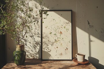 Poster - This home office embodies the Scandinavian interior design aesthetic, with a wooden desk, cup of coffee, books, empty picture frame mockup, and a vase with olive branches, creating an elegant